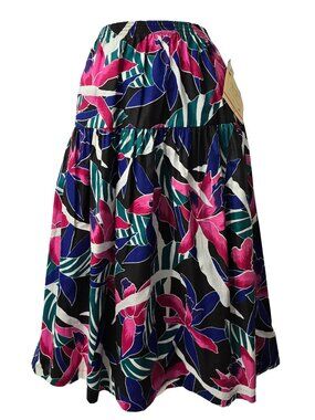 Vintage Tiered Maxi Floral Skirt 14 Elastic Waist Cotton Black 80s Art Tropical